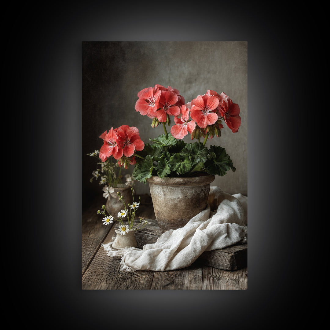 Potted Geraniums in Rustic Clay Pots Canvas Print, Patio Art, Wall Decor, Patio Decor, Fine Art, Outdoor, Coastal Decor, PAT-2x3-70