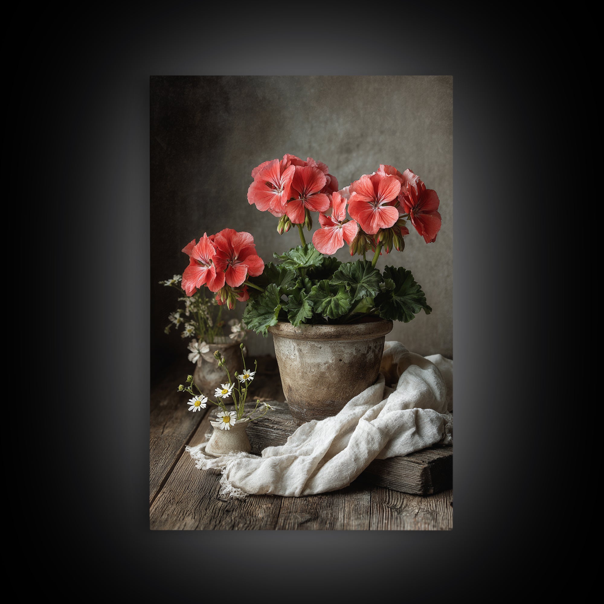 Potted Geraniums in Rustic Clay Pots Canvas Print, Patio Art, Wall Decor, Patio Decor, Fine Art, Outdoor, Coastal Decor, PAT-2x3-70