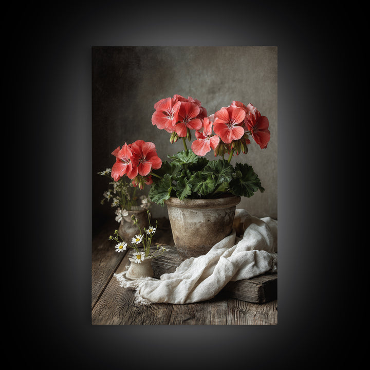 Potted Geraniums in Rustic Clay Pots Canvas Print, Patio Art, Wall Decor, Patio Decor, Fine Art, Outdoor, Coastal Decor, PAT-2x3-70