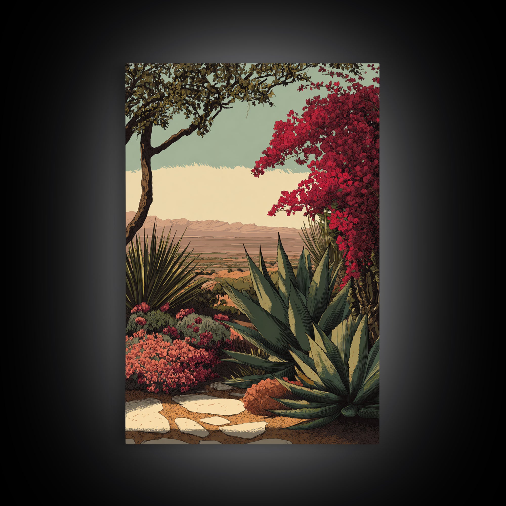 Desert Patio Agave and Bougainvillea Framed Canvas Print, Patio Art, Metal Art, Patio Decor, Fine Art, Outdoor, Patio Cushions, PAT-2x3-73