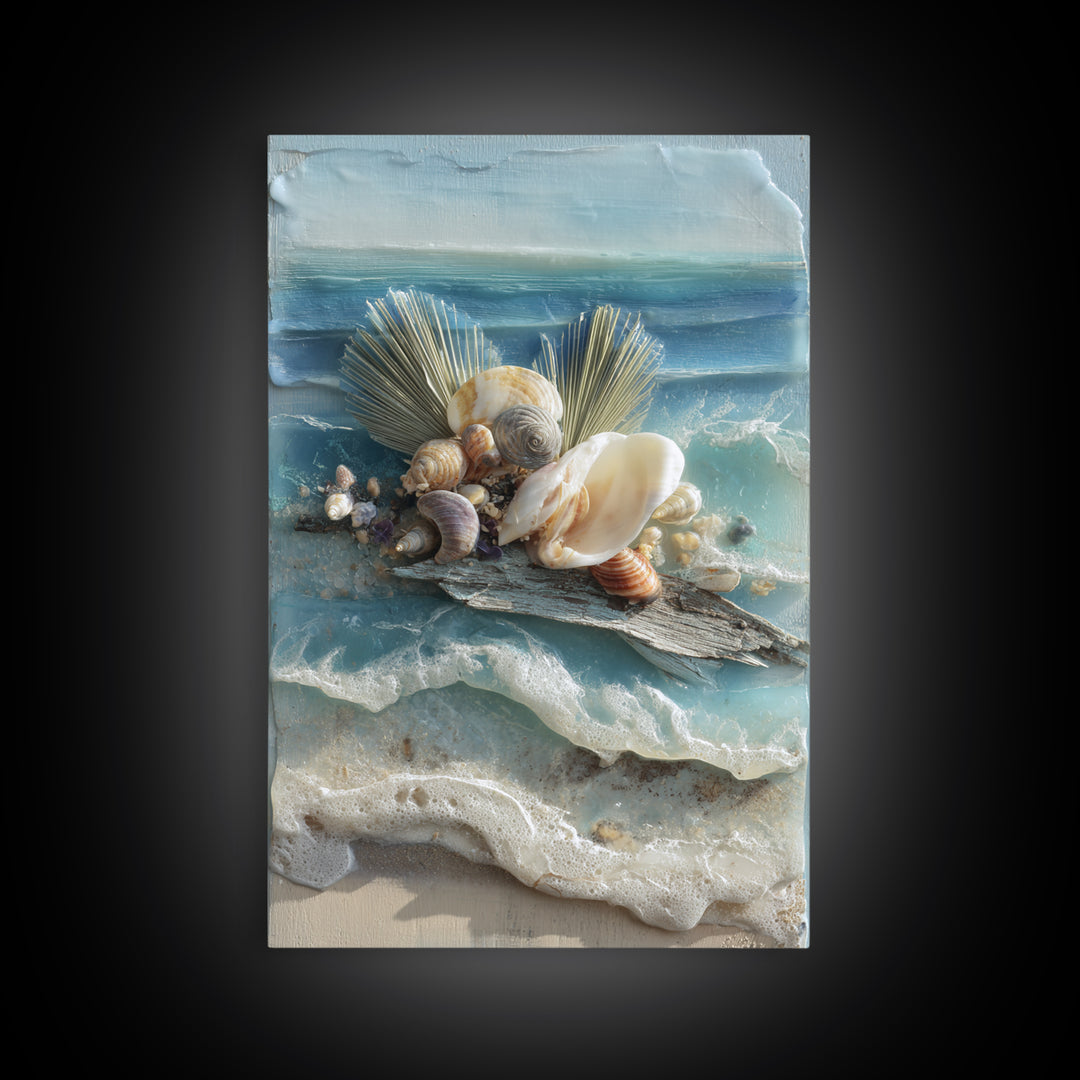 Beachy Shell and Palm Arrangement Framed Canvas Print, Patio Art, Garden Decor, Patio Decor, Fine Art, Outdoor, Beach Art, PAT-2x3-75