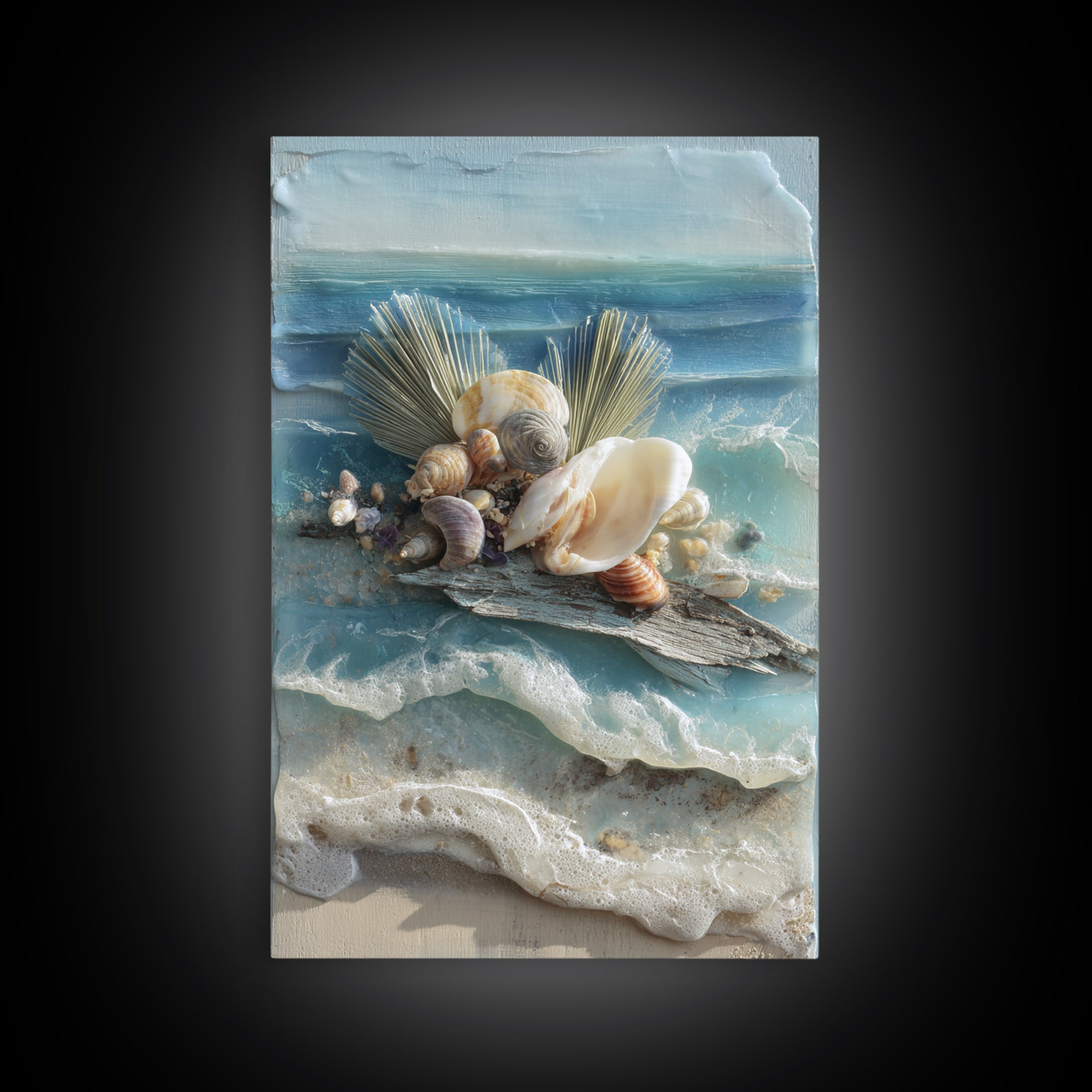 Beachy Shell and Palm Arrangement Framed Canvas Print, Patio Art, Garden Decor, Patio Decor, Fine Art, Outdoor, Beach Art, PAT-2x3-75