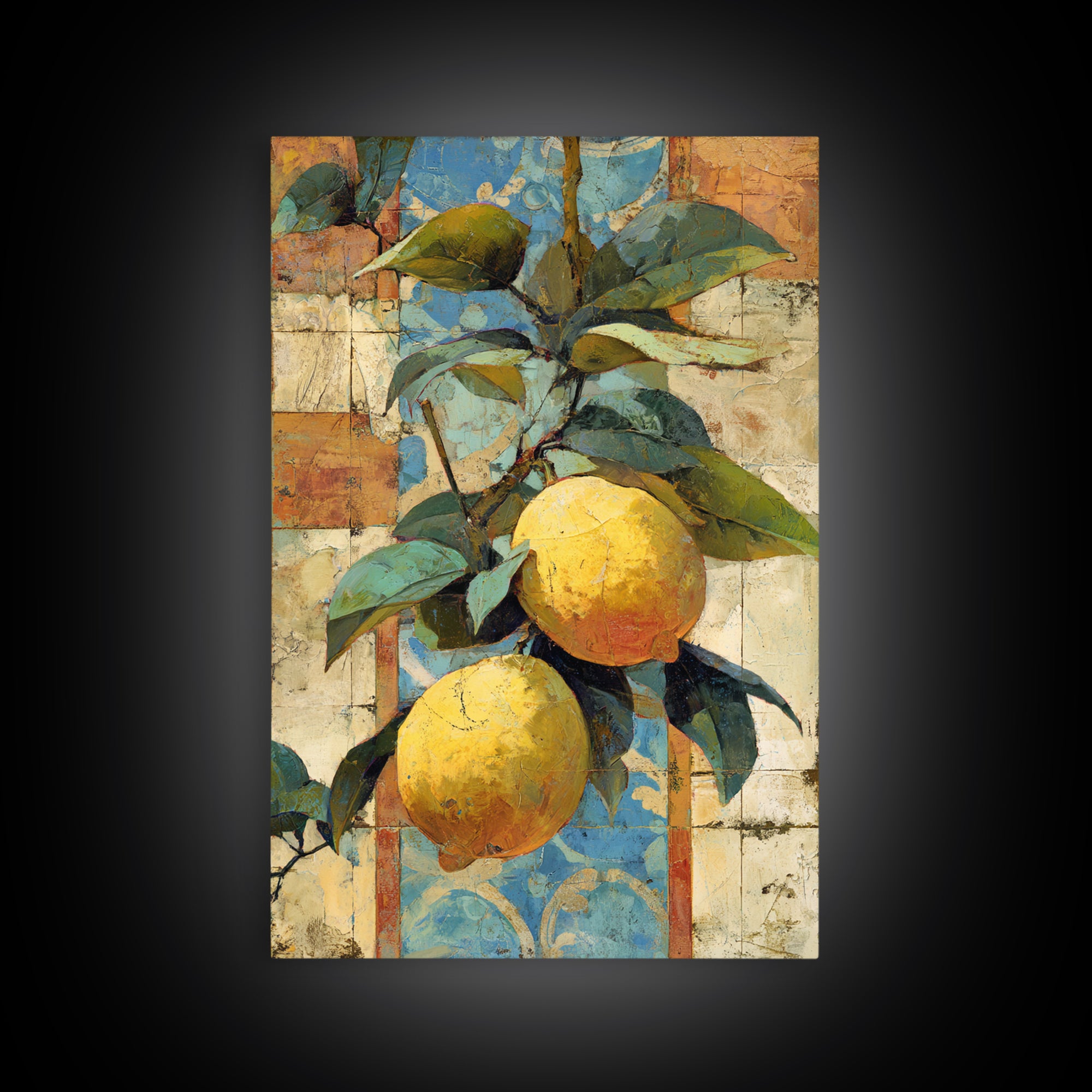Mediterranean Lemons and Blue Tile Pattern Canvas Print, Patio Art, Metal Wall Art, Patio Decor, Outdoor, Coastal Wall Decor, PAT-2x3-82