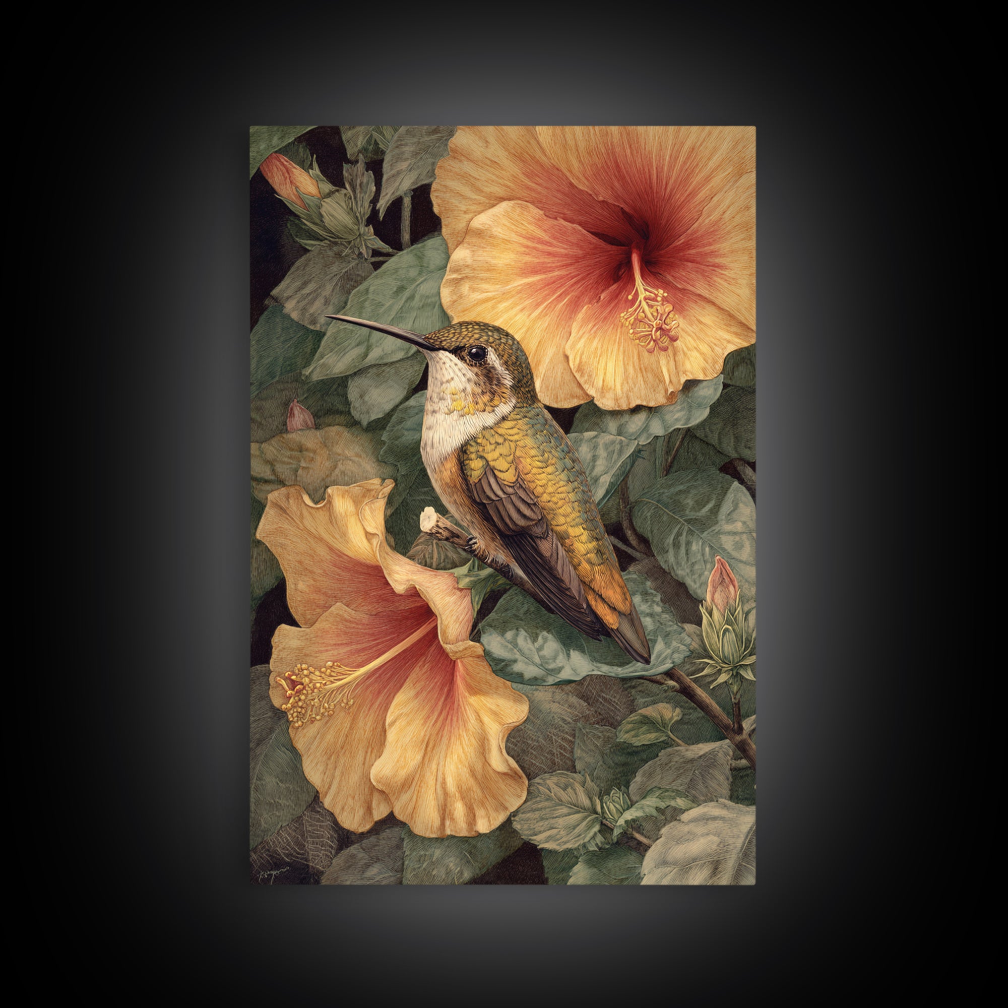 Hummingbird Visiting Bright Hibiscus Framed Canvas Print, Patio Art, Coastal Decor, Patio Decor, Abstract Art, Outdoor, PAT-2x3-83