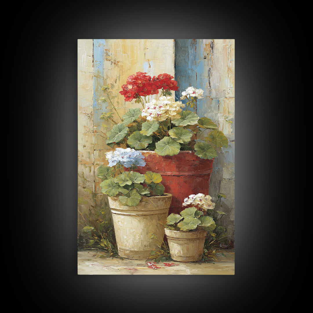 Potted Geraniums in Rustic Clay Pots Framed Canvas Print, Patio Art, Garden Art, Patio Decor, Outdoor, Beach House Decor, PAT-2x3-94