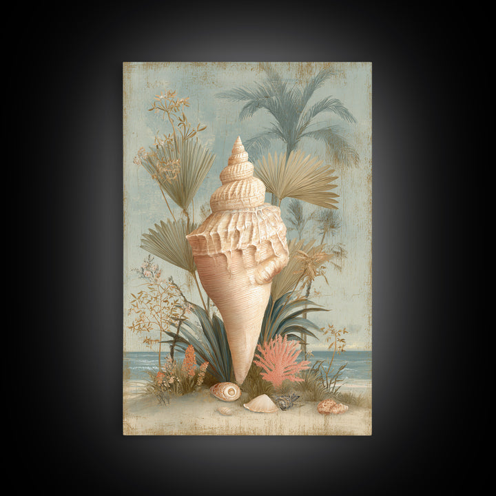 Beachy Shell and Palm Arrangement Canvas Print, Patio Art, Outdoor Wall Decor, Patio Decor, Fine Art, Outdoor, Yard Decor, PAT-2x3-99