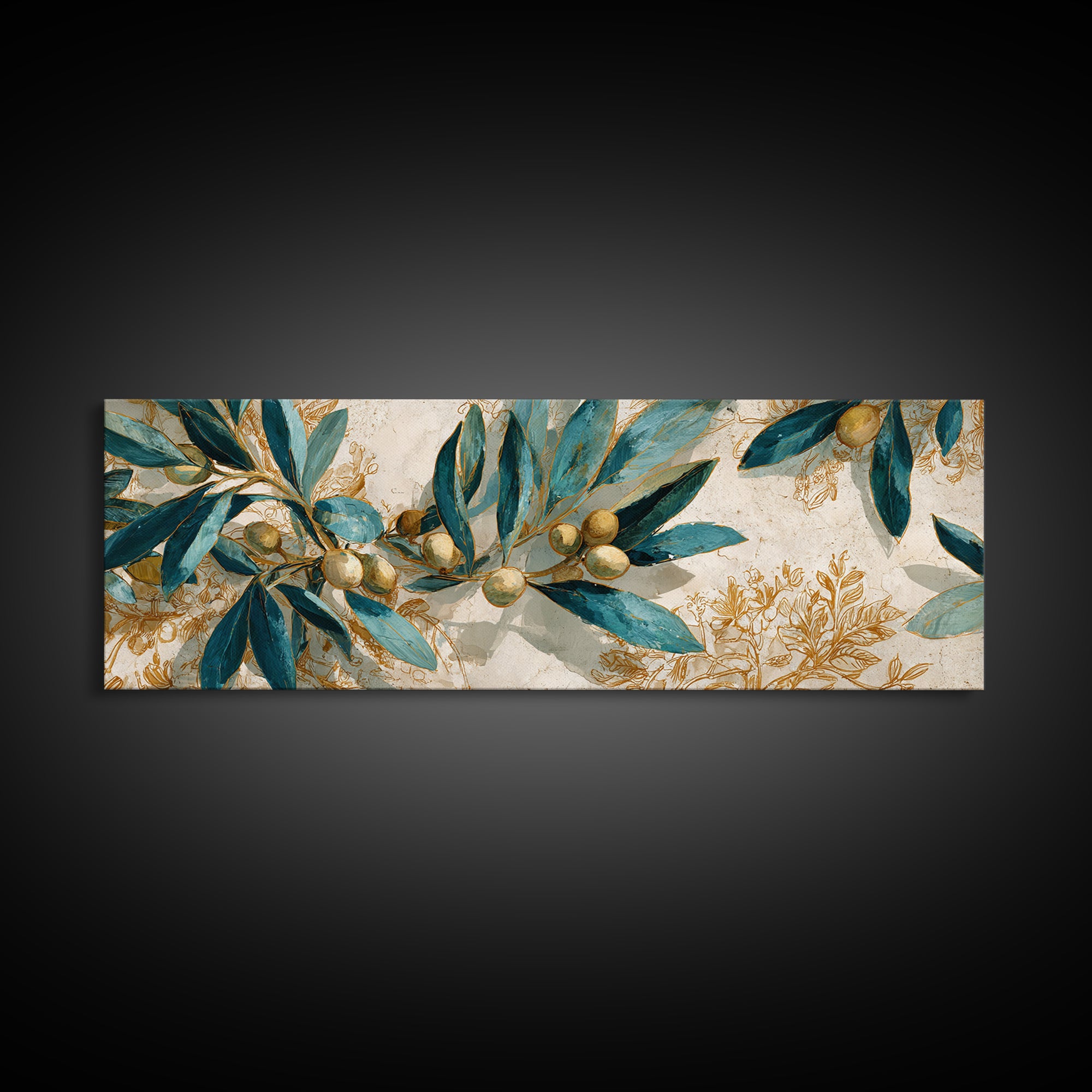 Olive Branch Wreath on Warm Plaster Framed Canvas Print, Patio Art, Floral Wall Art, Patio Decor, Outdoor, Mixed Media Art, PAT-3x1-1