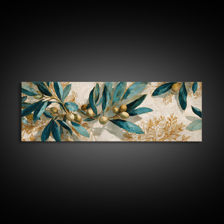 Olive Branch Wreath on Warm Plaster Framed Canvas Print, Patio Art, Floral Wall Art, Patio Decor, Outdoor, Mixed Media Art, PAT-3x1-1