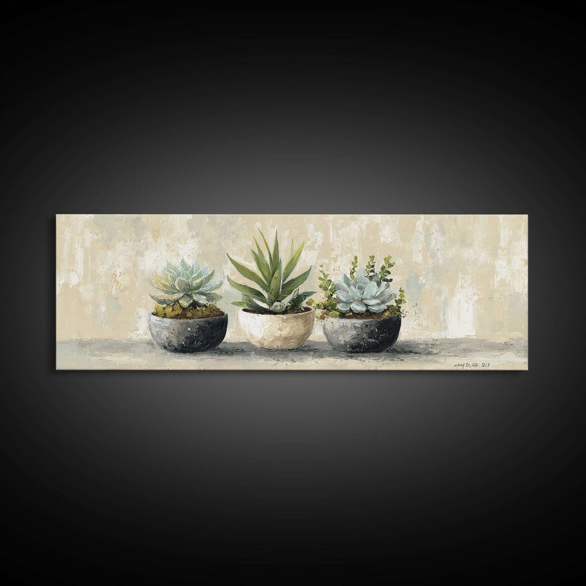 Succulent Collection in Ceramic Planters Canvas Print, Patio Art, Yard Art, Patio Decor, Fine Art, Outdoor, Lake House Decor, PAT-3x1-13