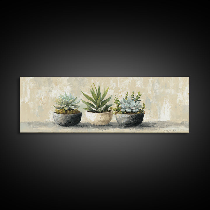 Succulent Collection in Ceramic Planters Canvas Print, Patio Art, Yard Art, Patio Decor, Fine Art, Outdoor, Lake House Decor, PAT-3x1-13