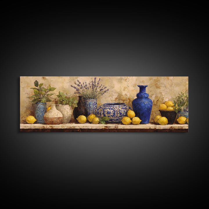 Mediterranean Lemons and Blue Tile Pattern Framed Canvas Print, Patio Art, Outdoor Wall Art, Patio Decor, Fine Art, Outdoor, PAT-3x1-18