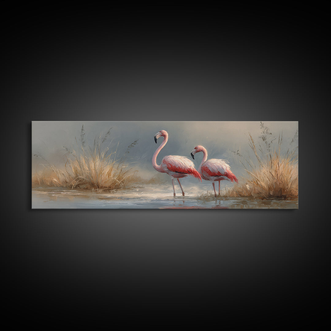 Flamingo Pair Beside Shallow Water Framed Canvas Print, Patio Art, Metal Wall Art, Patio Decor, Outdoor, Coastal Wall Decor, PAT-3x1-2