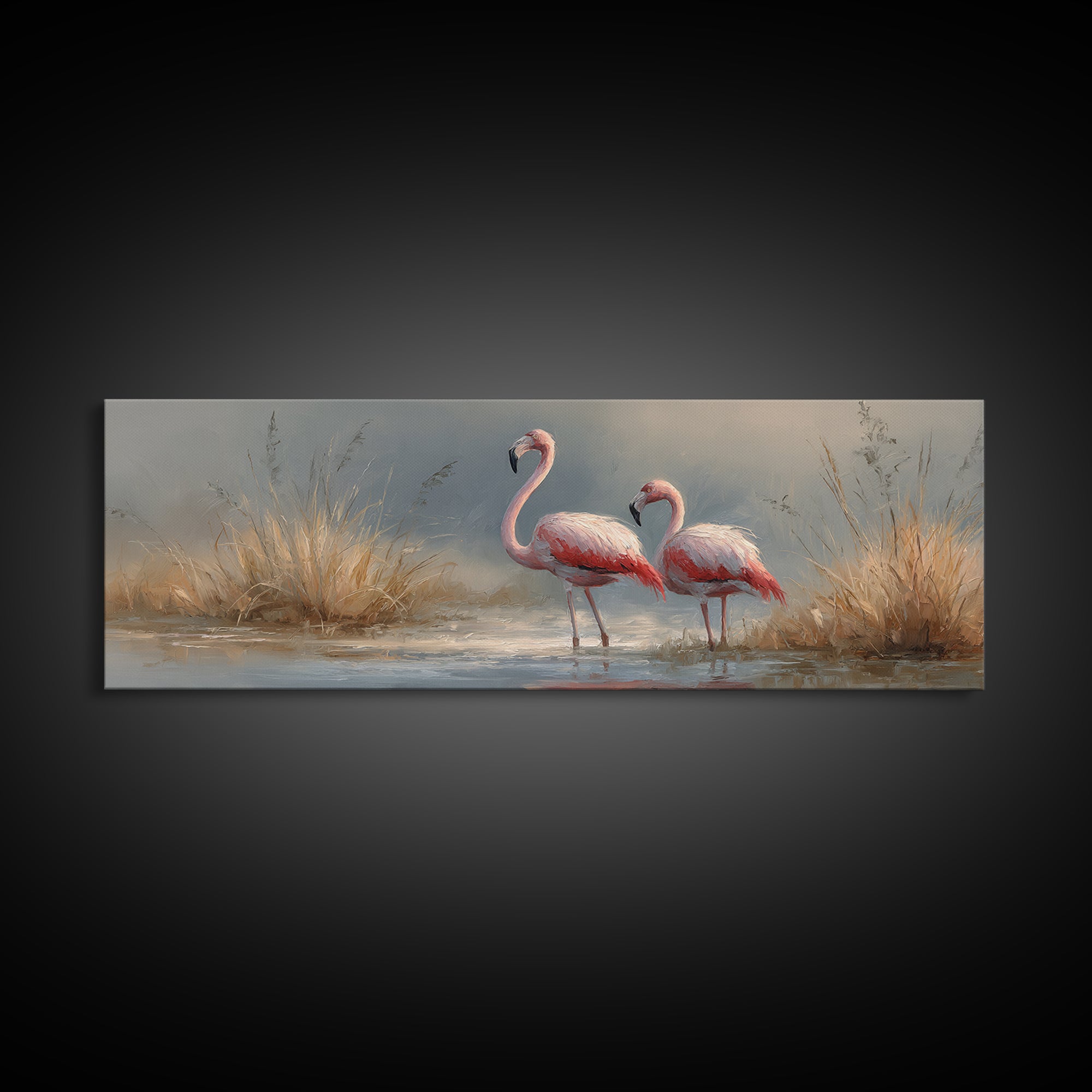 Flamingo Pair Beside Shallow Water Framed Canvas Print, Patio Art, Metal Wall Art, Patio Decor, Outdoor, Coastal Wall Decor, PAT-3x1-2