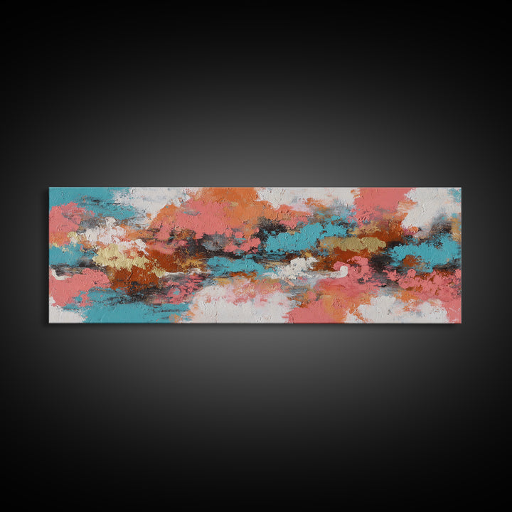 Bright Coral and Turquoise Abstract for Outdoors Framed Canvas Print, Patio Art, Rustic Decor, Patio Decor, Abstract Art, PAT-3x1-28