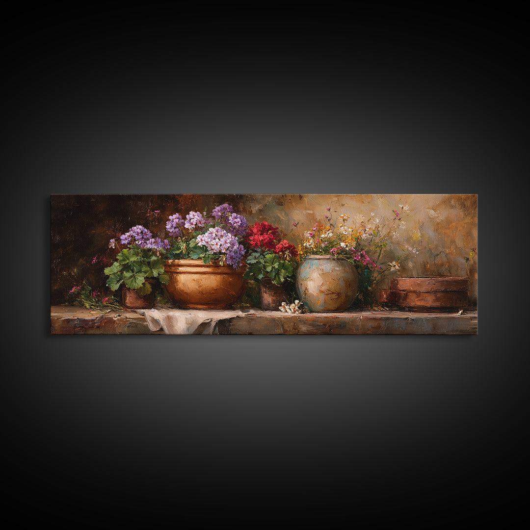 Potted Geraniums in Rustic Clay Pots Canvas Print, Patio Art, Wall Art, Patio Decor, Fine Art, Outdoor, Outdoor Wall Decor, PAT-3x1-30