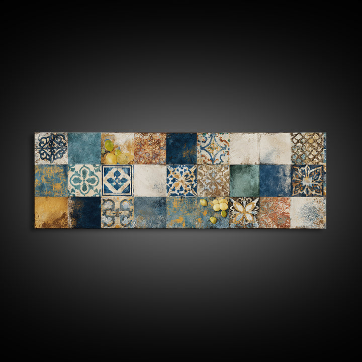 Mediterranean Lemons and Blue Tile Pattern Canvas Print, Patio Art, Coastal Decor, Patio Decor, Outdoor, Family Wall Art, PAT-3x1-42