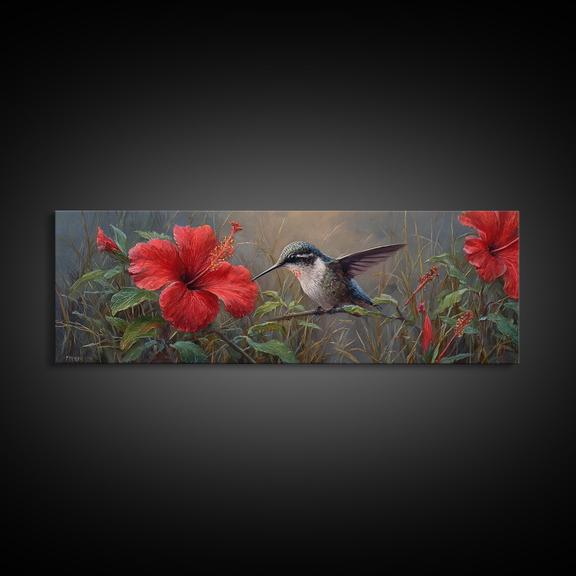 Hummingbird Visiting Bright Hibiscus Canvas Print, Patio Art, Wall Decor, Patio Decor, Fine Art, Outdoor, Coastal Decor, PAT-3x1-43