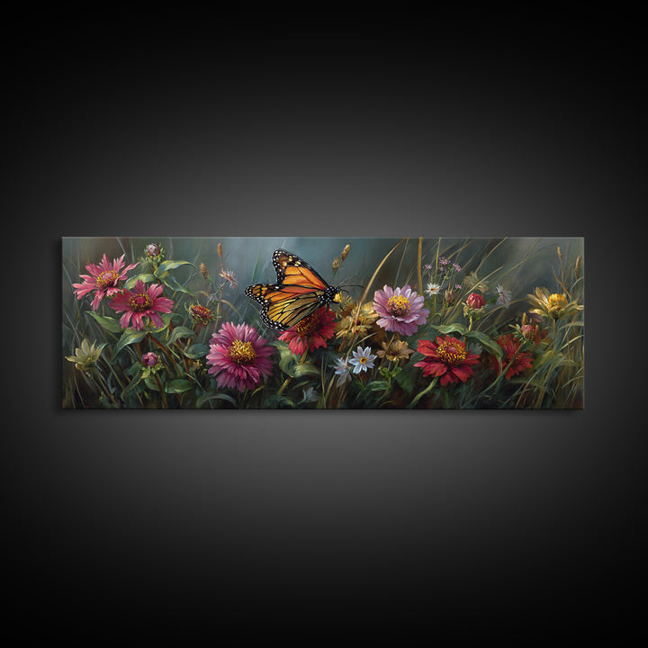 Butterfly Garden with Zinnias and Daisies Framed Canvas Print, Patio Art, Outdoor Wall Art, Patio Decor, Fine Art, Outdoor, PAT-3x1-5