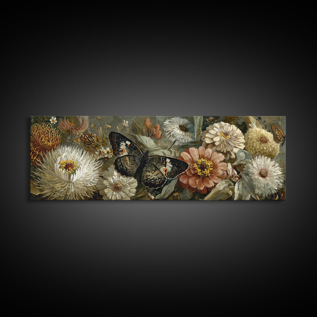 Butterfly Garden with Zinnias and Daisies Framed Canvas Print, Patio Art, Beach House Decor, Patio Decor, Oil Painting, Outdoor, PAT-3x1-53