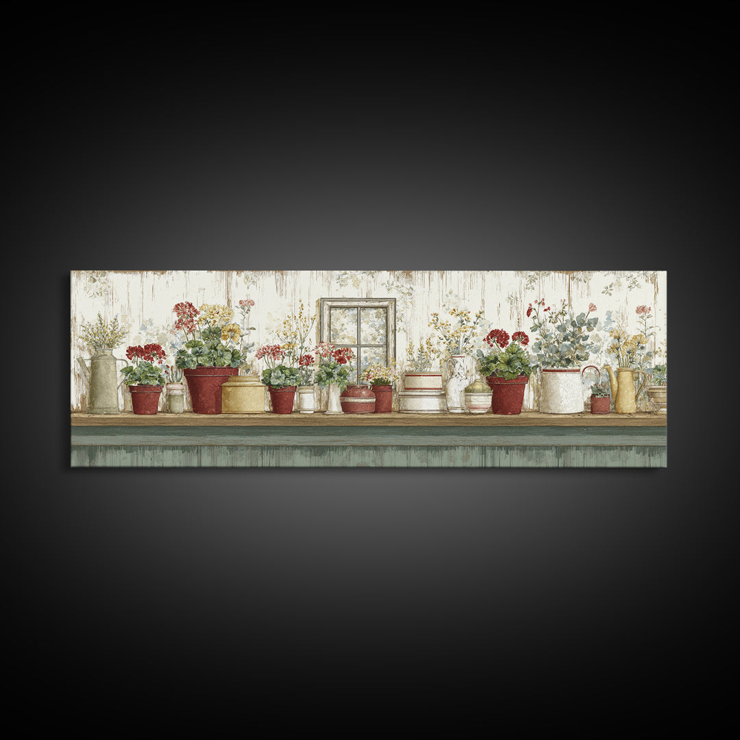 Potted Geraniums in Rustic Clay Pots Canvas Print, Patio Art, Lake House Decor, Patio Decor, Fine Art, Outdoor, Boho Decor, PAT-3x1-54