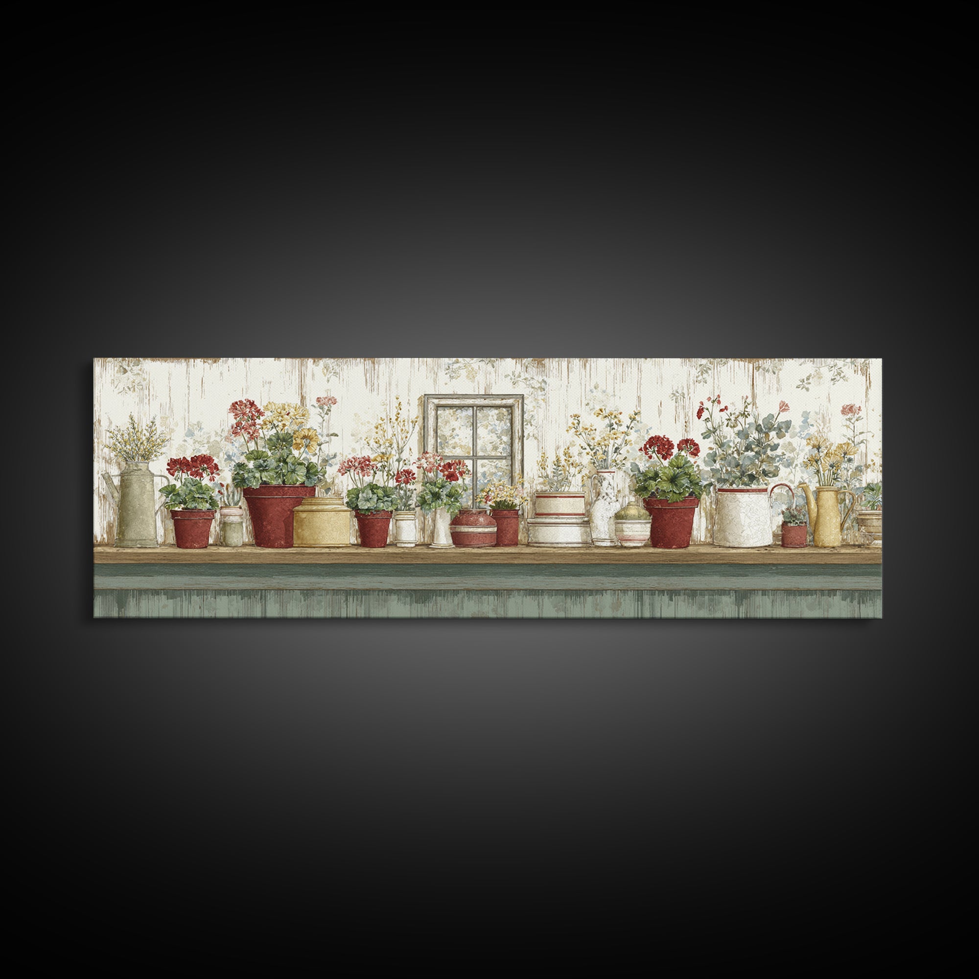 Potted Geraniums in Rustic Clay Pots Canvas Print, Patio Art, Lake House Decor, Patio Decor, Fine Art, Outdoor, Boho Decor, PAT-3x1-54