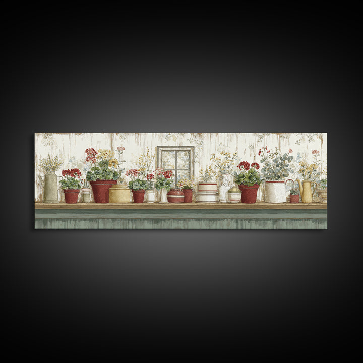 Potted Geraniums in Rustic Clay Pots Canvas Print, Patio Art, Lake House Decor, Patio Decor, Fine Art, Outdoor, Boho Decor, PAT-3x1-54