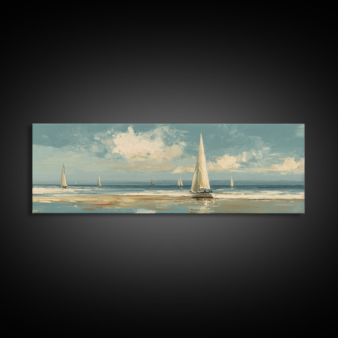 Sailboat on a Breezy Summer Horizon Framed Canvas Print, Patio Art, Contemporary Art, Patio Decor, Oil Painting, Outdoor, PAT-3x1-55
