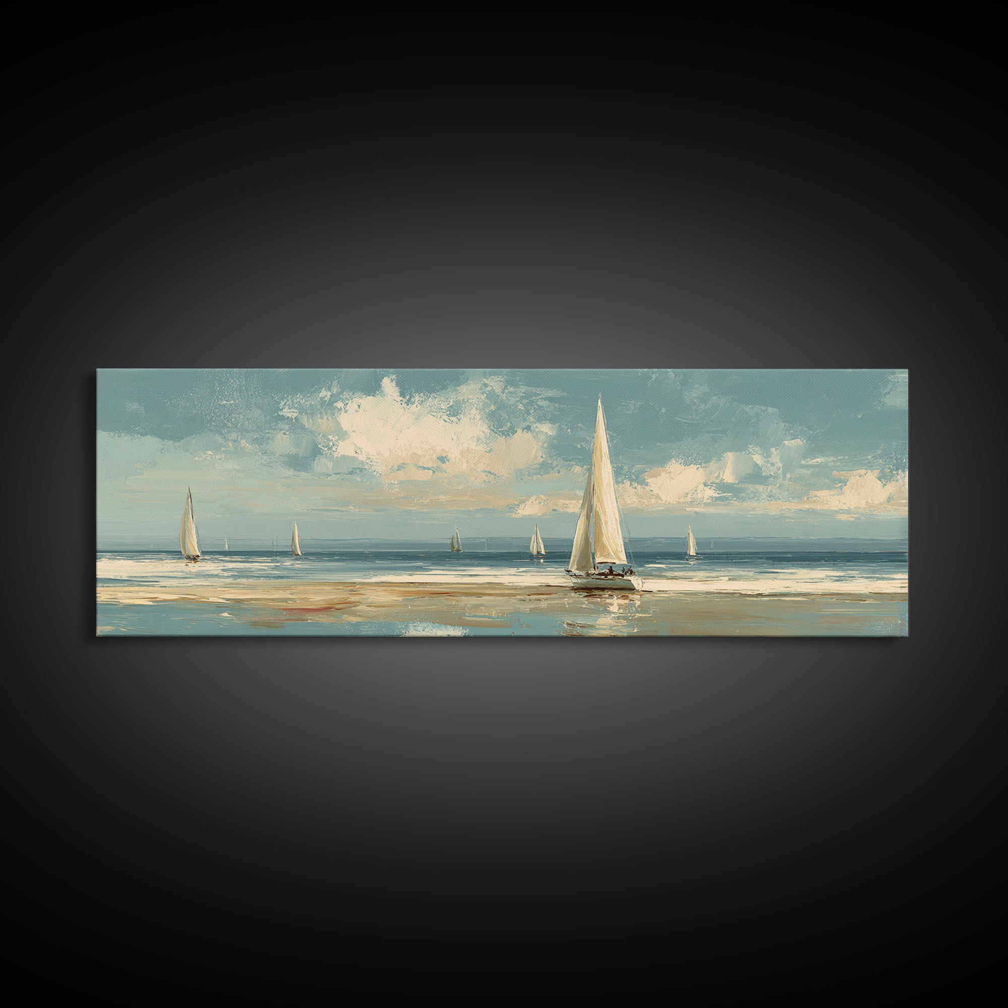 Sailboat on a Breezy Summer Horizon Framed Canvas Print, Patio Art, Contemporary Art, Patio Decor, Oil Painting, Outdoor, PAT-3x1-55