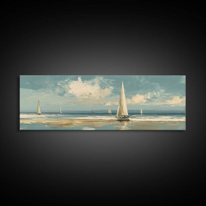 Sailboat on a Breezy Summer Horizon Framed Canvas Print, Patio Art, Contemporary Art, Patio Decor, Oil Painting, Outdoor, PAT-3x1-55
