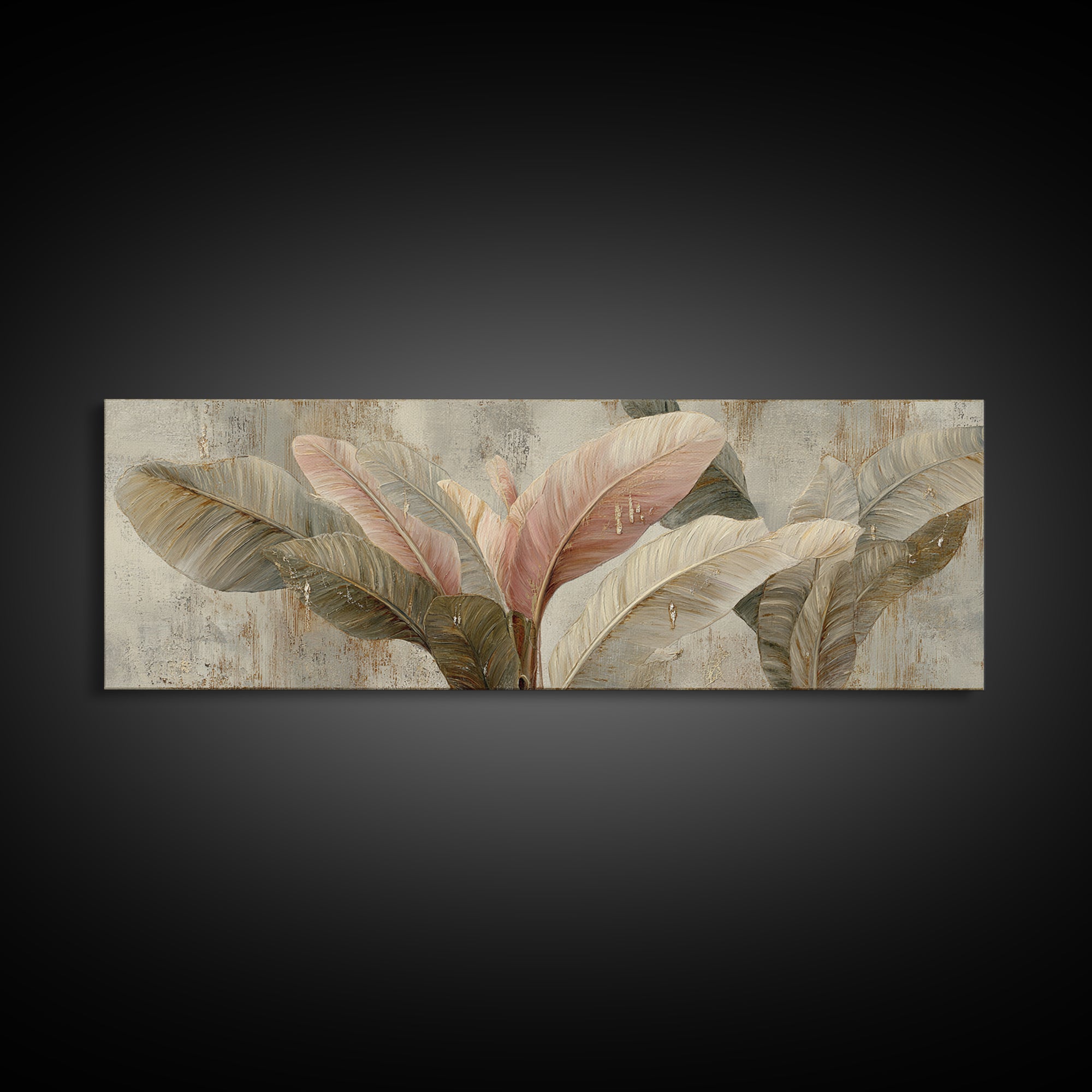 Banana Leaves with Rain Drop Details Framed Canvas Print, Patio Art, Textured Painting, Patio Decor, Fine Art, Outdoor, PAT-3x1-56