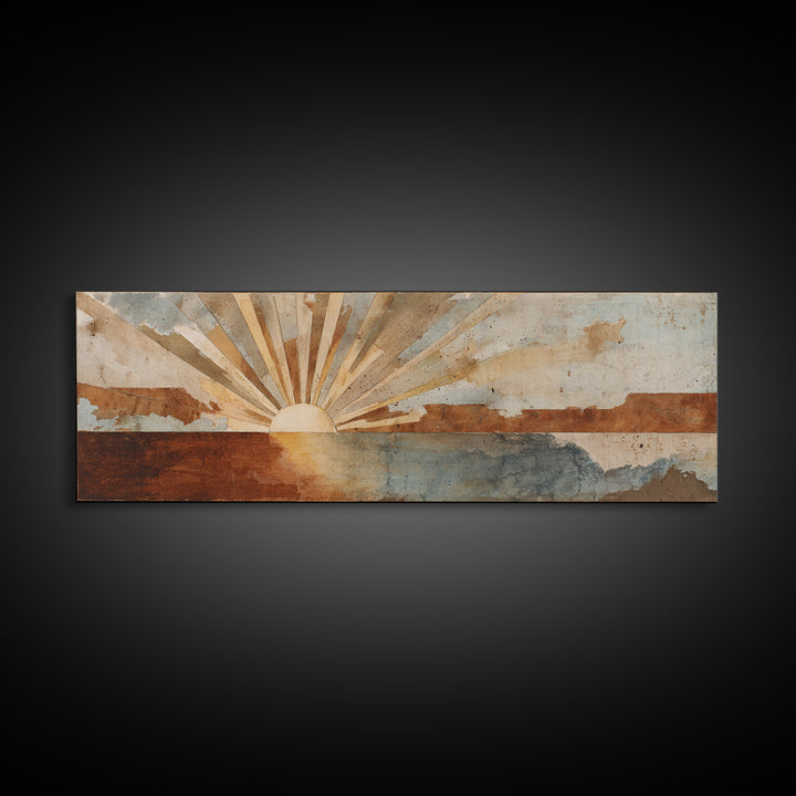 Sun Motif with Warm Terracotta Rays Framed Canvas Print, Patio Art, Outdoor Wall Decor, Patio Decor, Fine Art, Outdoor, PAT-3x1-58