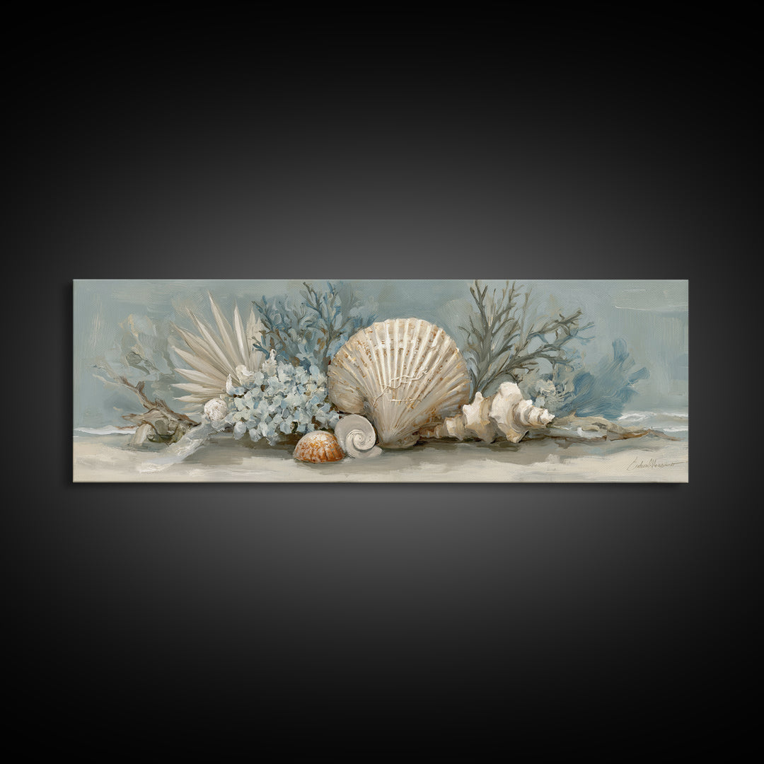 Beachy Shell and Palm Arrangement Framed Canvas Print, Patio Art, Wall Art, Patio Decor, Fine Art, Outdoor, Outdoor Wall Decor, PAT-3x1-59