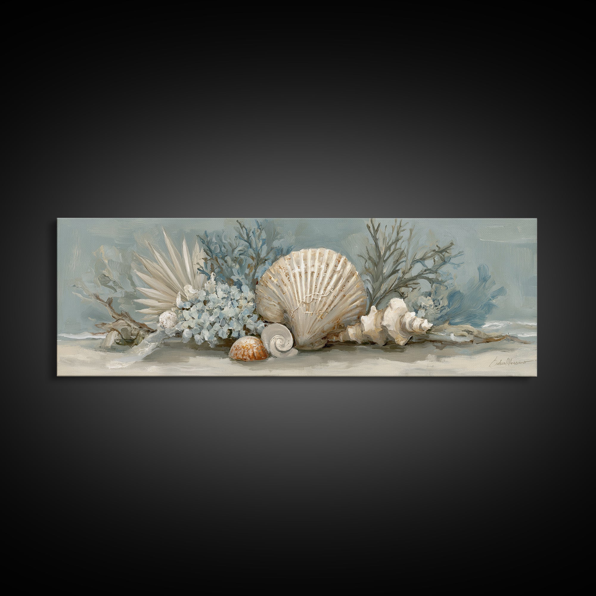 Beachy Shell and Palm Arrangement Framed Canvas Print, Patio Art, Wall Art, Patio Decor, Fine Art, Outdoor, Outdoor Wall Decor, PAT-3x1-59