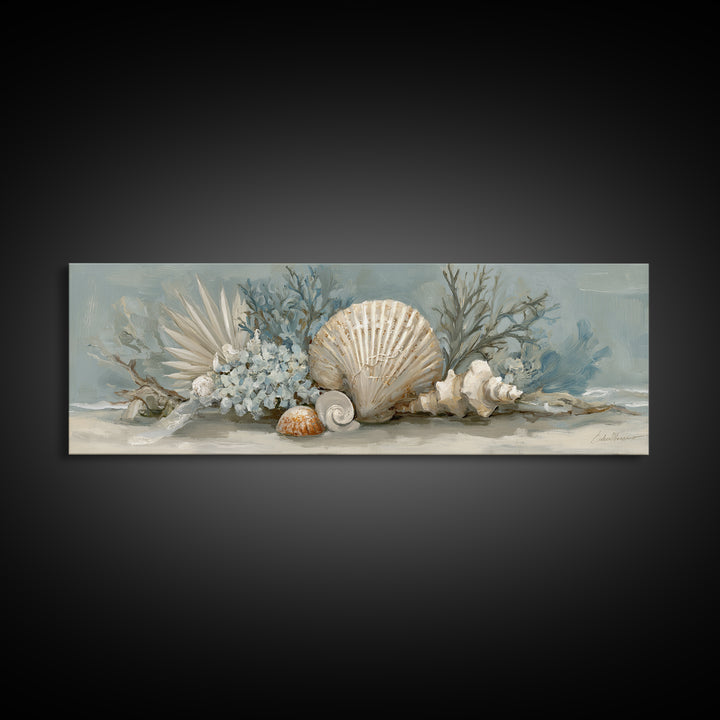 Beachy Shell and Palm Arrangement Framed Canvas Print, Patio Art, Wall Art, Patio Decor, Fine Art, Outdoor, Outdoor Wall Decor, PAT-3x1-59