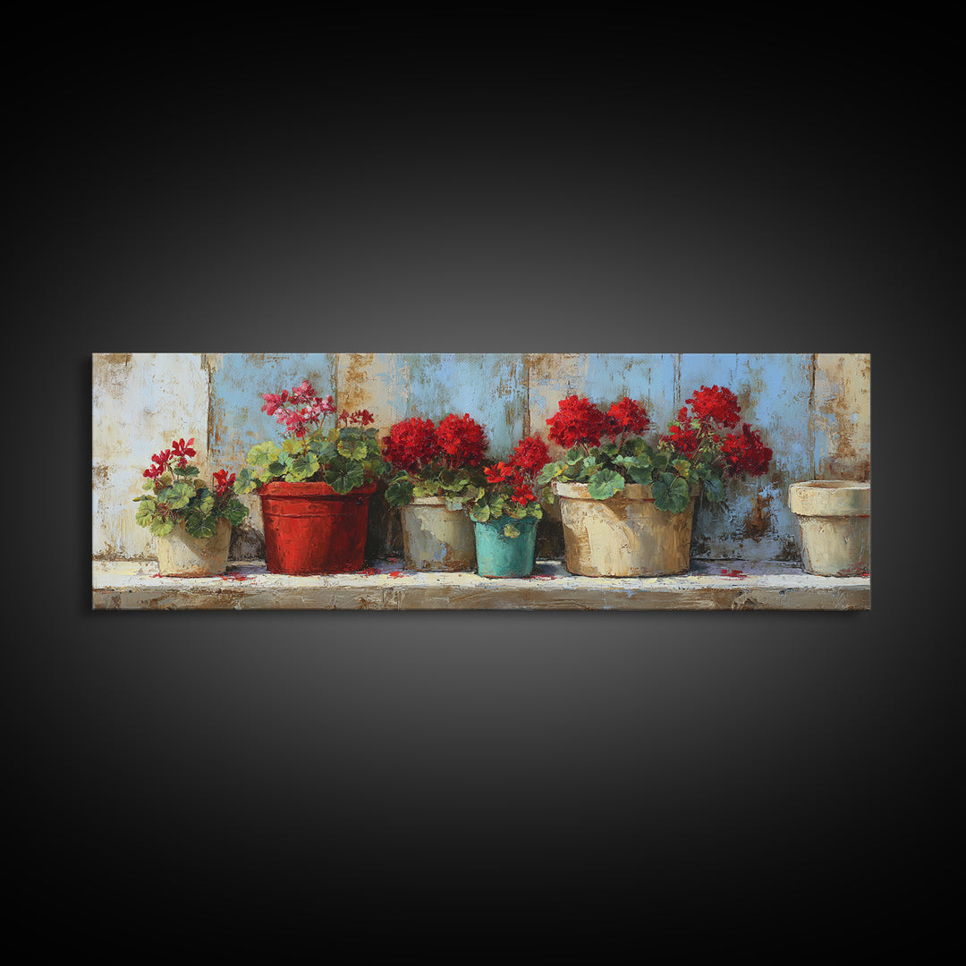 Potted Geraniums in Rustic Clay Pots Canvas Print, Patio Art, Porch Decor, Patio Decor, Fine Art, Outdoor, Fine Art Print, PAT-3x1-6
