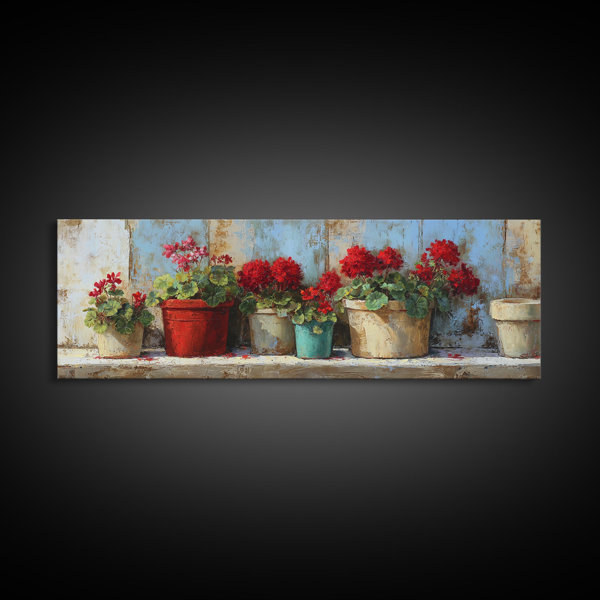 Potted Geraniums in Rustic Clay Pots Canvas Print, Patio Art, Porch Decor, Patio Decor, Fine Art, Outdoor, Fine Art Print, PAT-3x1-6