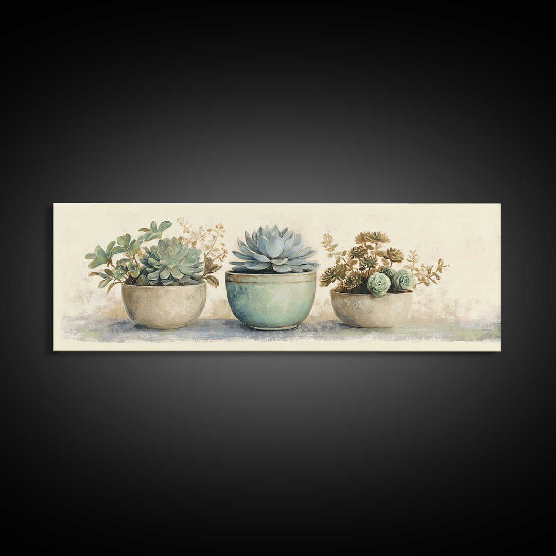 Succulent Collection in Ceramic Planters Canvas Print, Patio Art, Floral Art, Patio Decor, Oil Painting, Outdoor, PAT-3x1-61