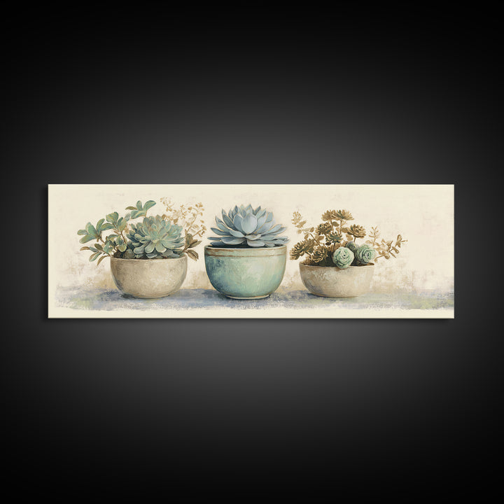 Succulent Collection in Ceramic Planters Canvas Print, Patio Art, Floral Art, Patio Decor, Oil Painting, Outdoor, PAT-3x1-61