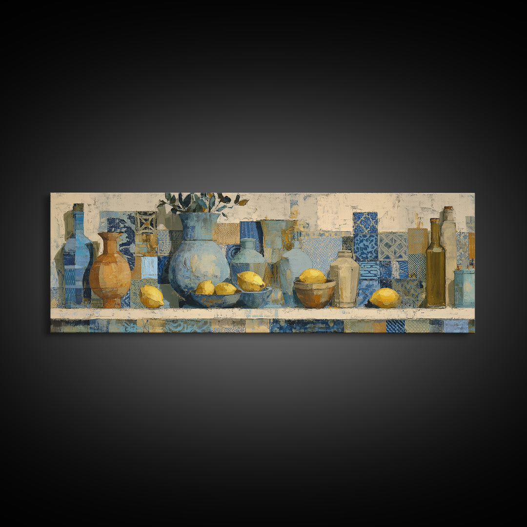 Mediterranean Lemons and Blue Tile Pattern Canvas Print, Patio Art, Coastal Decor, Patio Decor, Outdoor, Family Wall Art, PAT-3x1-66