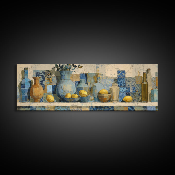 Mediterranean Lemons and Blue Tile Pattern Canvas Print, Patio Art, Coastal Decor, Patio Decor, Outdoor, Family Wall Art, PAT-3x1-66