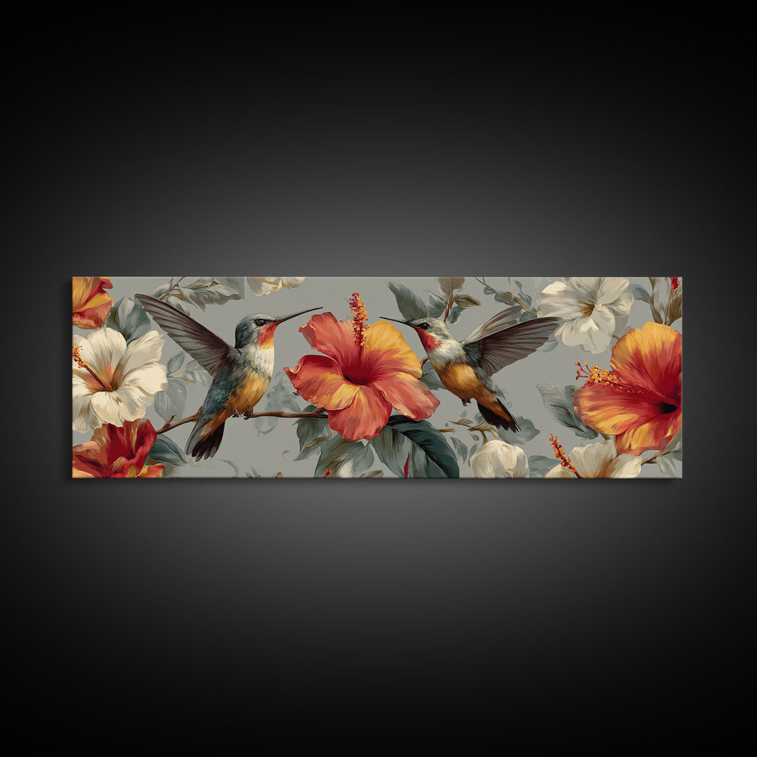 Hummingbird Visiting Bright Hibiscus Framed Canvas Print, Patio Art, Garden Art, Patio Decor, Abstract Art, Outdoor, PAT-3x1-67