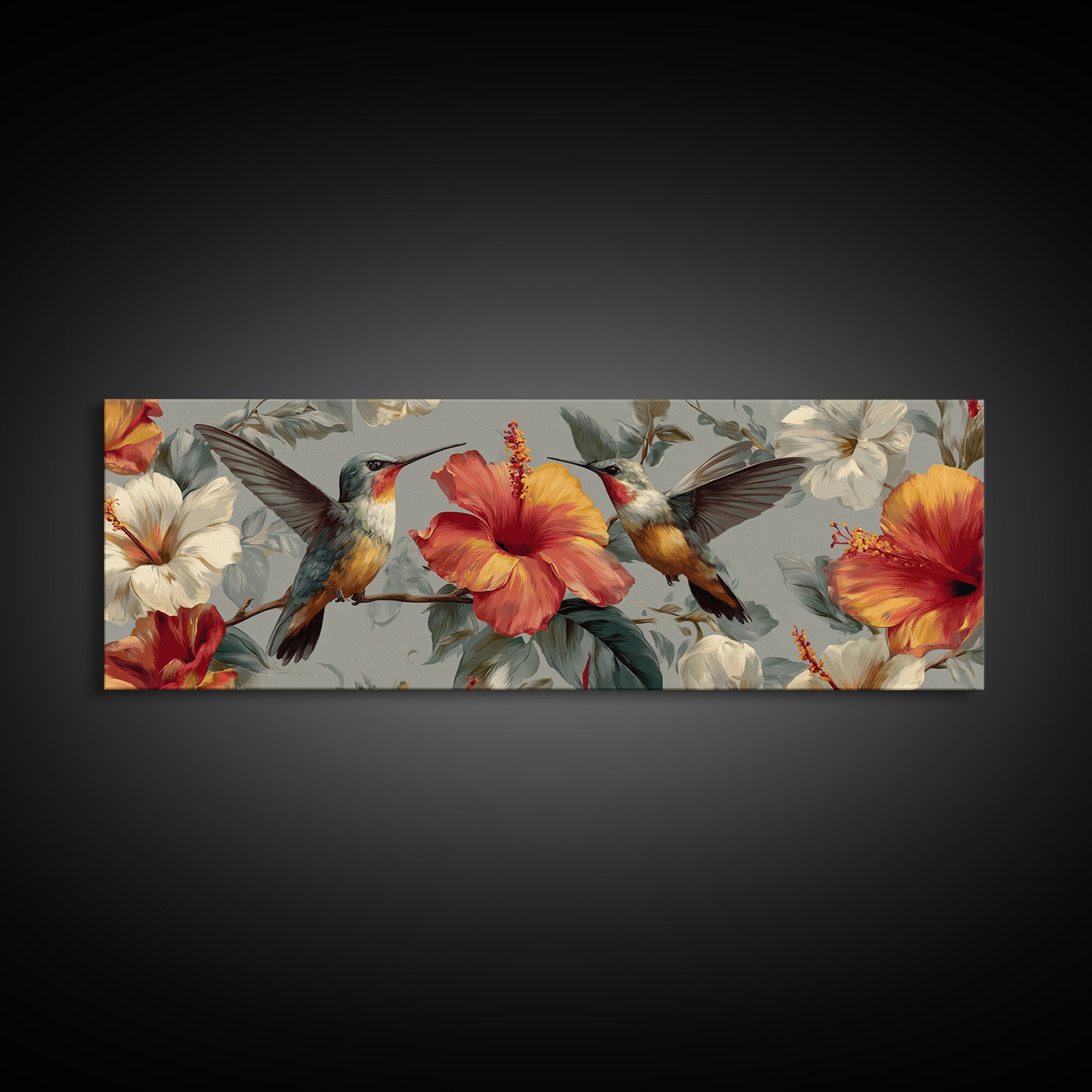 Hummingbird Visiting Bright Hibiscus Framed Canvas Print, Patio Art, Garden Art, Patio Decor, Abstract Art, Outdoor, PAT-3x1-67