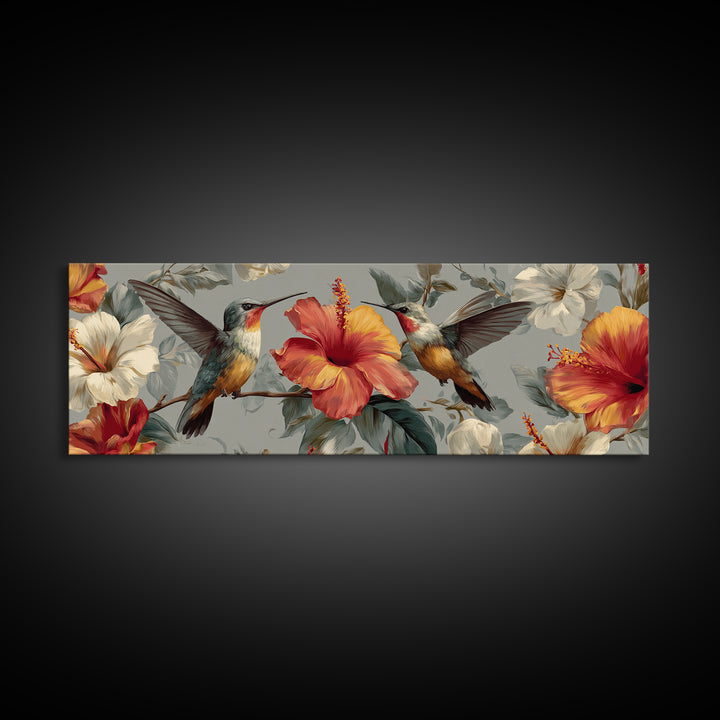 Hummingbird Visiting Bright Hibiscus Framed Canvas Print, Patio Art, Garden Art, Patio Decor, Abstract Art, Outdoor, PAT-3x1-67