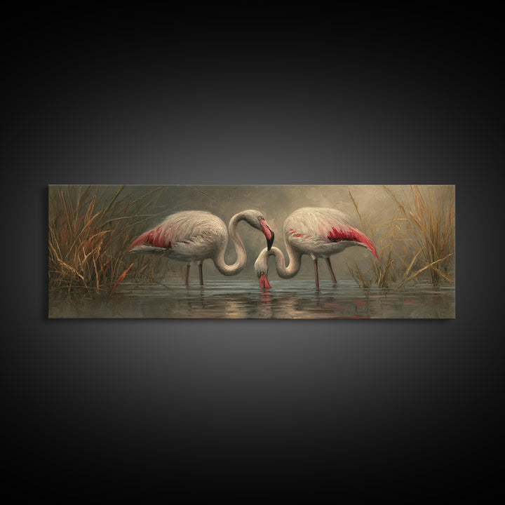 Flamingo Pair Beside Shallow Water Framed Canvas Print, Patio Art, Bar Art, Patio Decor, Oil Painting, Outdoor, Outdoor Art, PAT-3x1-74