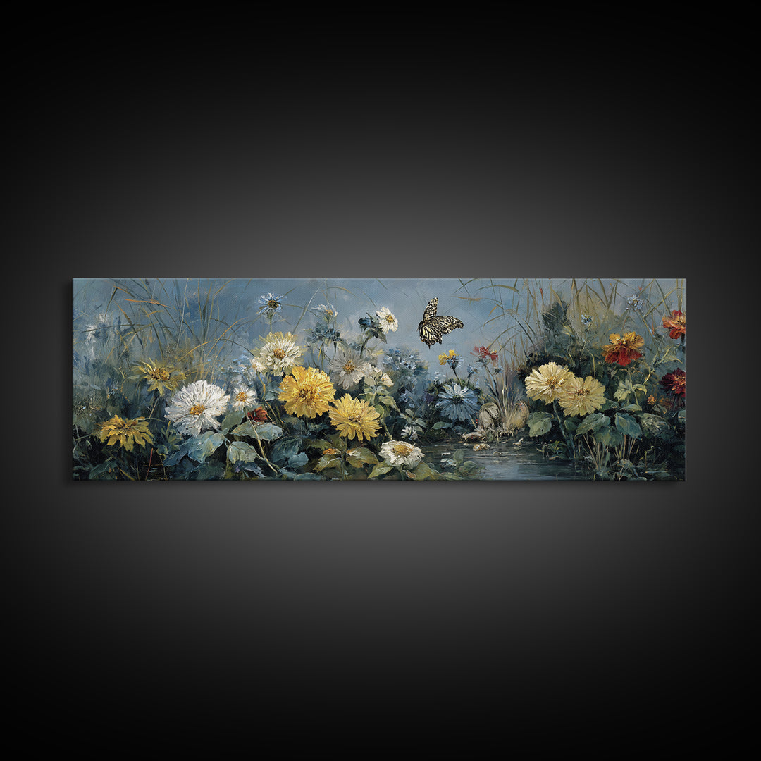 Butterfly Garden with Zinnias and Daisies Framed Canvas Print, Patio Art, Beach House Decor, Patio Decor, Oil Painting, Outdoor, PAT-3x1-77