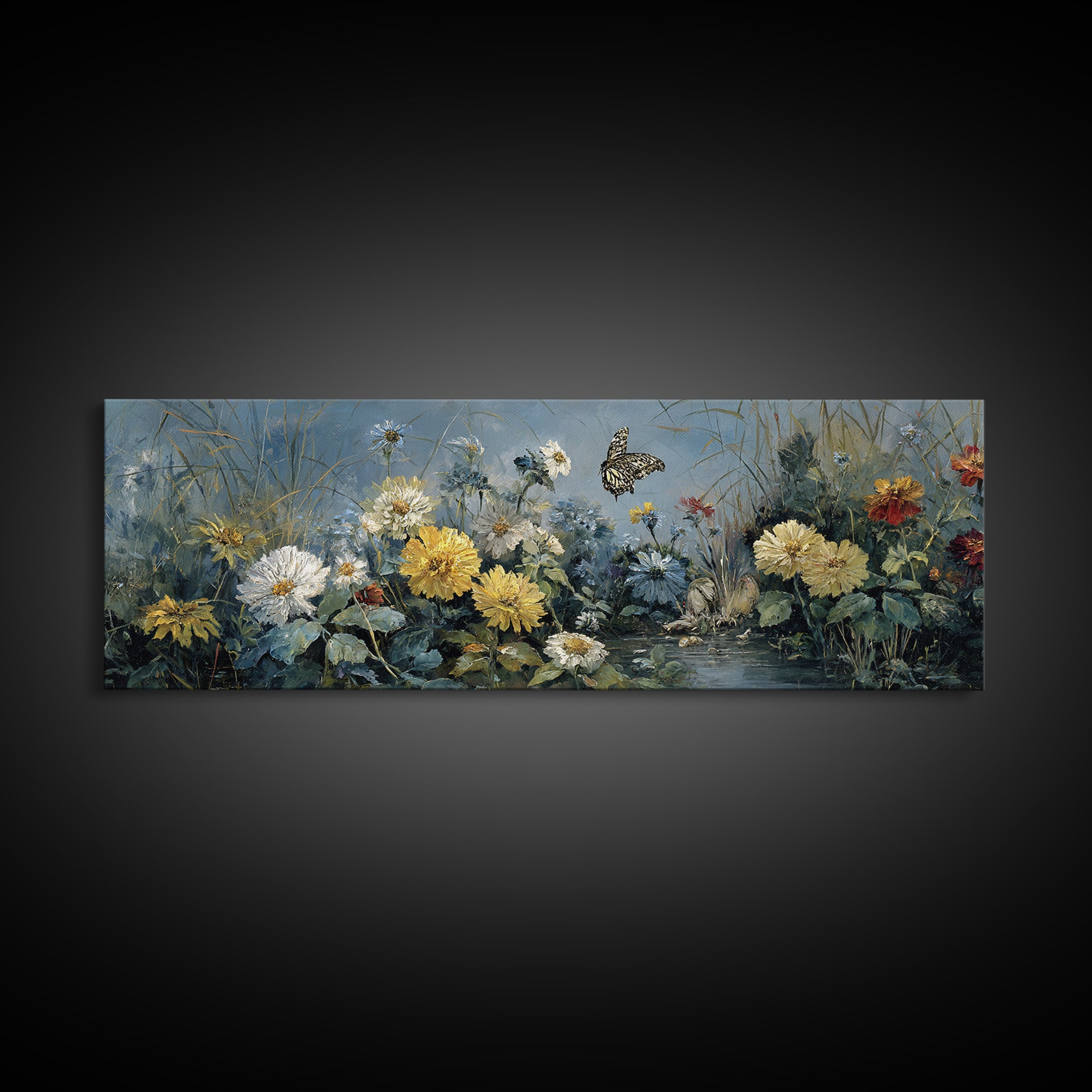 Butterfly Garden with Zinnias and Daisies Framed Canvas Print, Patio Art, Beach House Decor, Patio Decor, Oil Painting, Outdoor, PAT-3x1-77