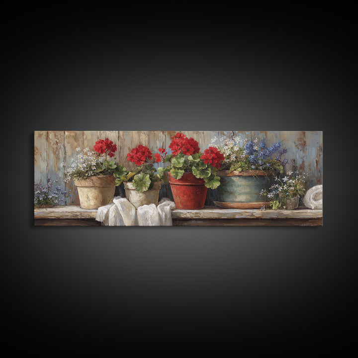 Potted Geraniums in Rustic Clay Pots Canvas Print, Patio Art, Wall Decor, Patio Decor, Fine Art, Outdoor, Coastal Decor, PAT-3x1-78