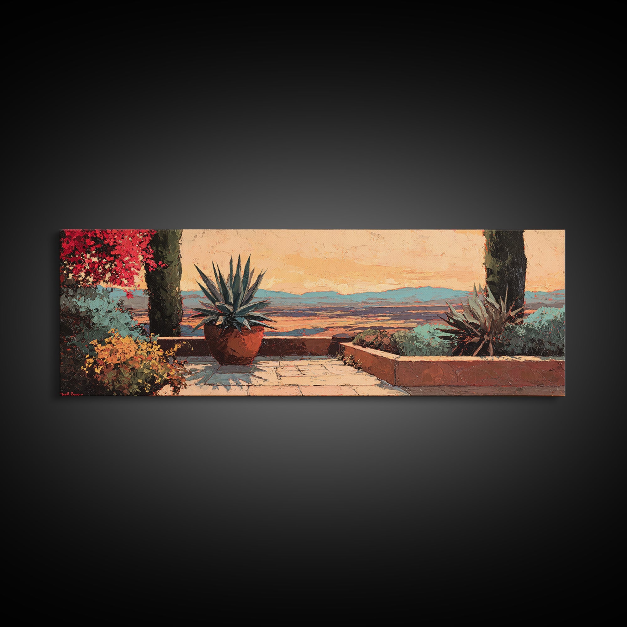 Desert Patio Agave and Bougainvillea Framed Canvas Print, Patio Art, Porch Decor, Patio Decor, Outdoor, Fine Art Print, PAT-3x1-81
