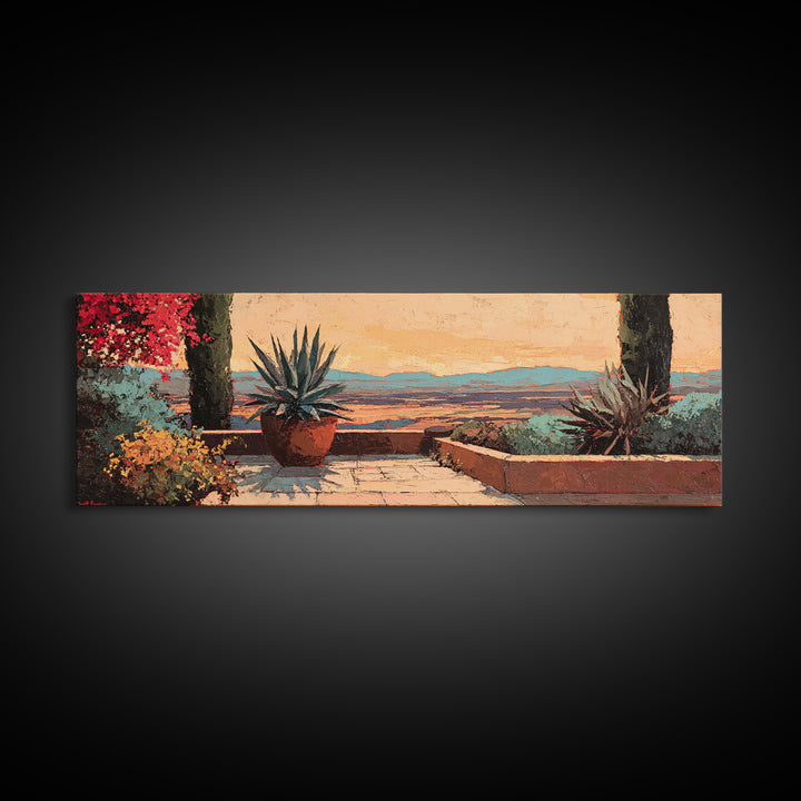 Desert Patio Agave and Bougainvillea Framed Canvas Print, Patio Art, Porch Decor, Patio Decor, Outdoor, Fine Art Print, PAT-3x1-81