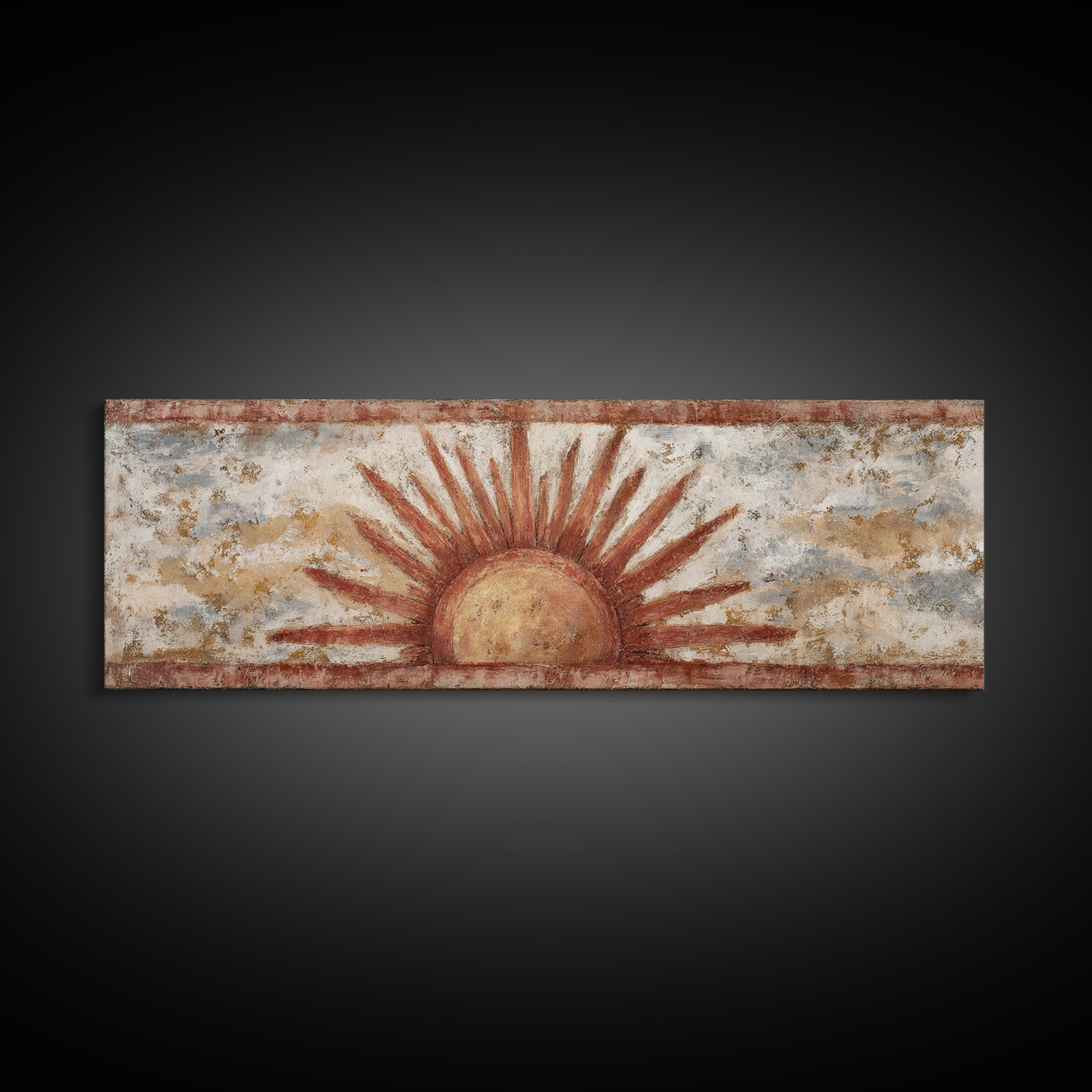 Sun Motif with Warm Terracotta Rays Framed Canvas Print, Patio Art, Outdoor Wall Decor, Patio Decor, Fine Art, Outdoor, PAT-3x1-82